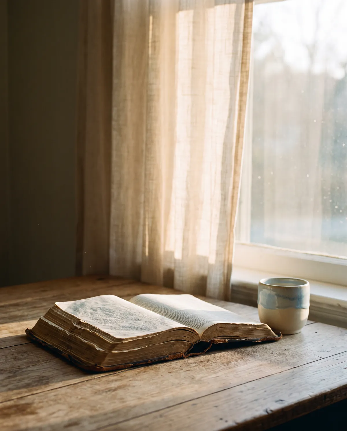 An open Bible on a wooden table beside a sunlit window
