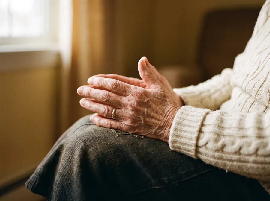 Weathered hands gently folded in prayer in soft window light